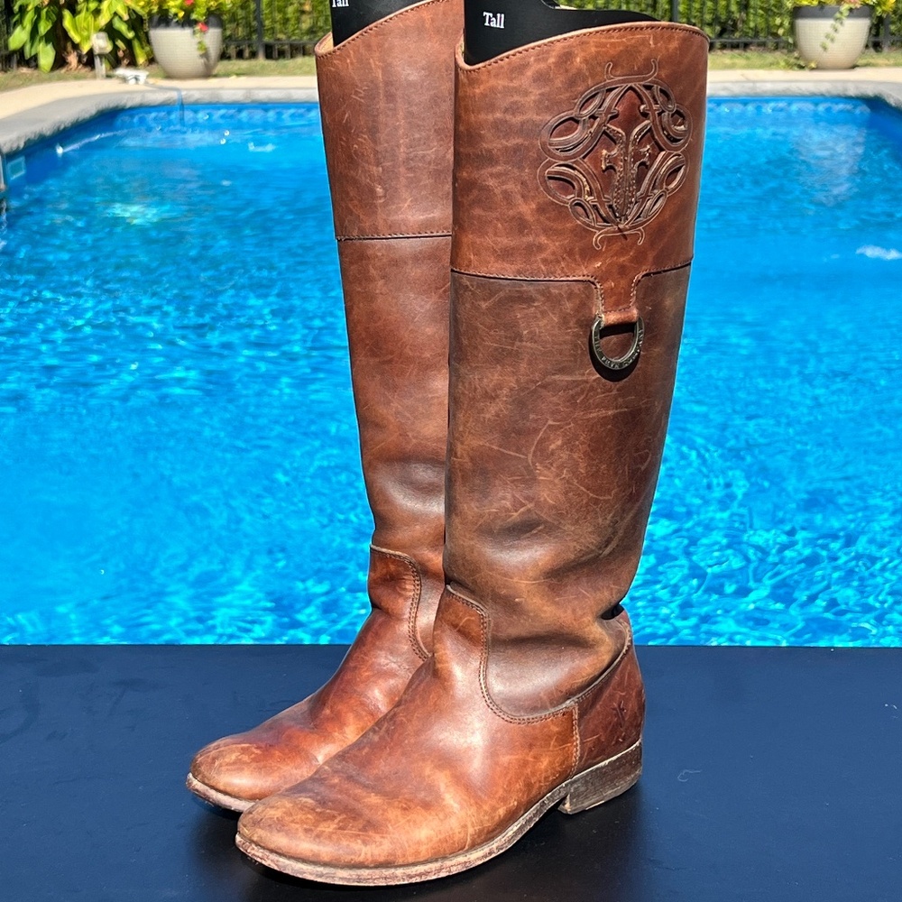 Frye Melissa Logo Boots Saddle Knee Equestrian Riding Brown Leather Size 6.5 B